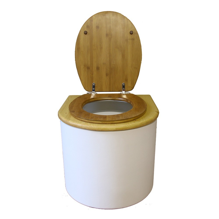  toilette sèche en bois arrondie blanche/huilé avec seau plastique 22L