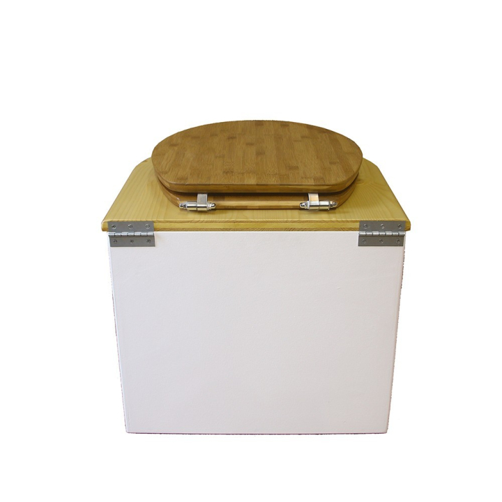  toilette sèche en bois arrondie blanche/huilé avec seau plastique 22L