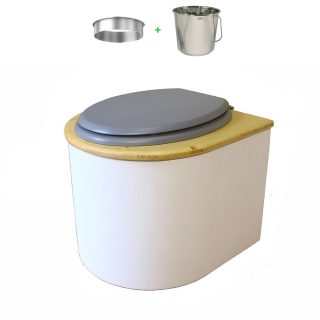 Toilette sèche en bois arrondie blanche/huilé avec seau inox