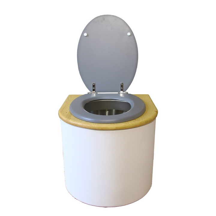  Toilette sèche en bois arrondie blanche/huilé avec seau inox