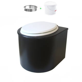 Toilette sèche en bois arrondie avec seau plastique 22L et bavette inox. Abattant blanc