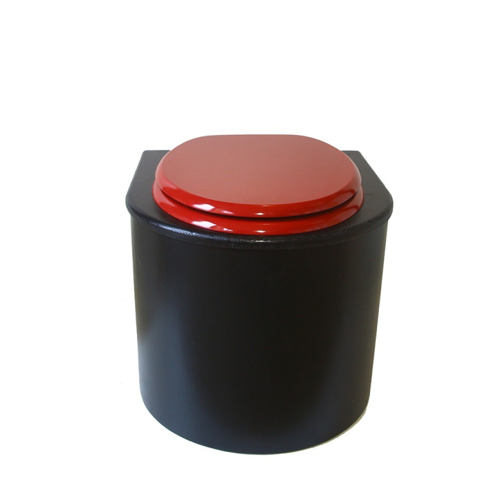  Toilette sèche en bois arrondie noire avec seau plastique 22L et bavette inox. Abattant rouge