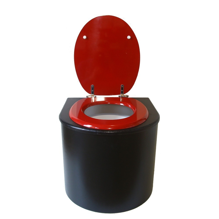  Toilette sèche en bois arrondie noire avec seau plastique 22L et bavette inox. Abattant rouge