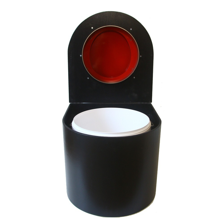  Toilette sèche en bois arrondie noire avec seau plastique 22L et bavette inox. Abattant rouge