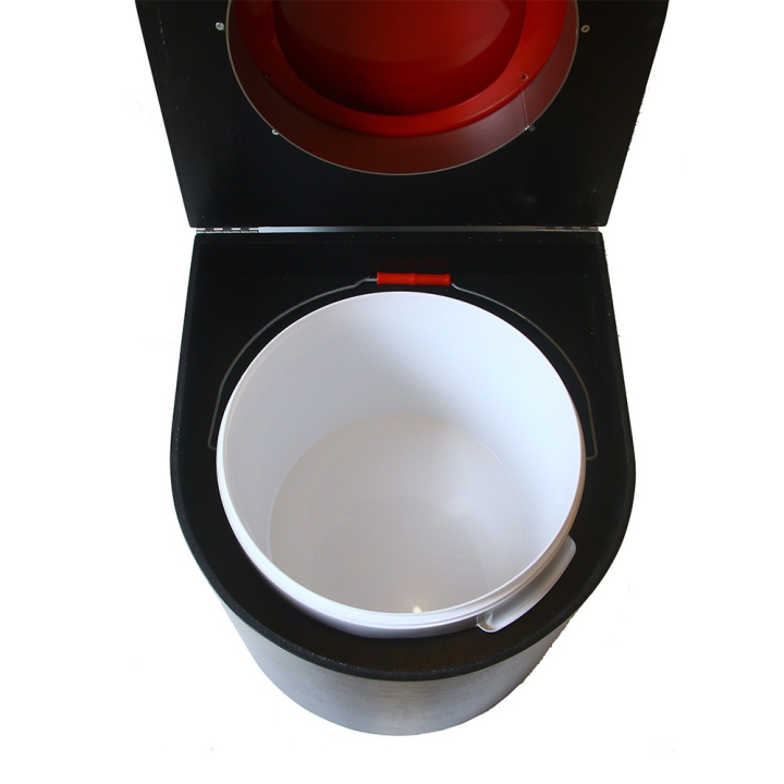  Toilette sèche en bois arrondie noire avec seau plastique 22L et bavette inox. Abattant rouge