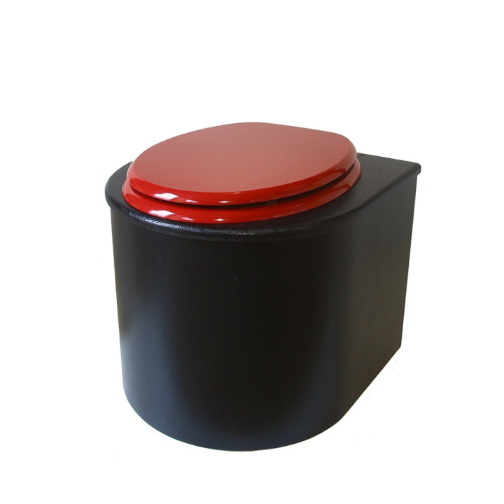  Toilette sèche en bois arrondie noire avec seau plastique 22L et bavette inox. Abattant rouge