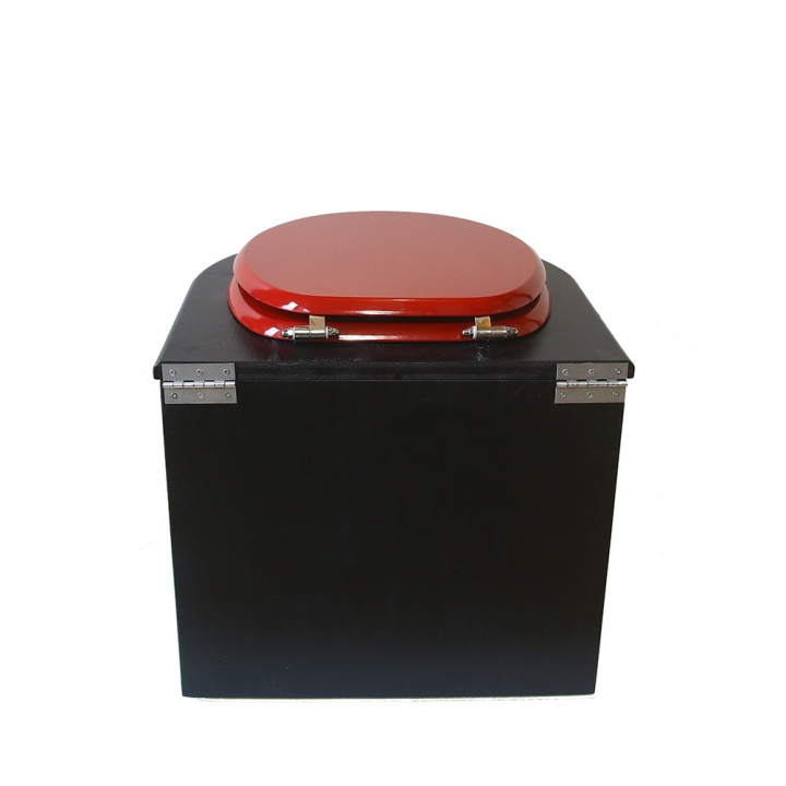  Toilette sèche en bois arrondie noire avec seau plastique 22L et bavette inox. Abattant rouge