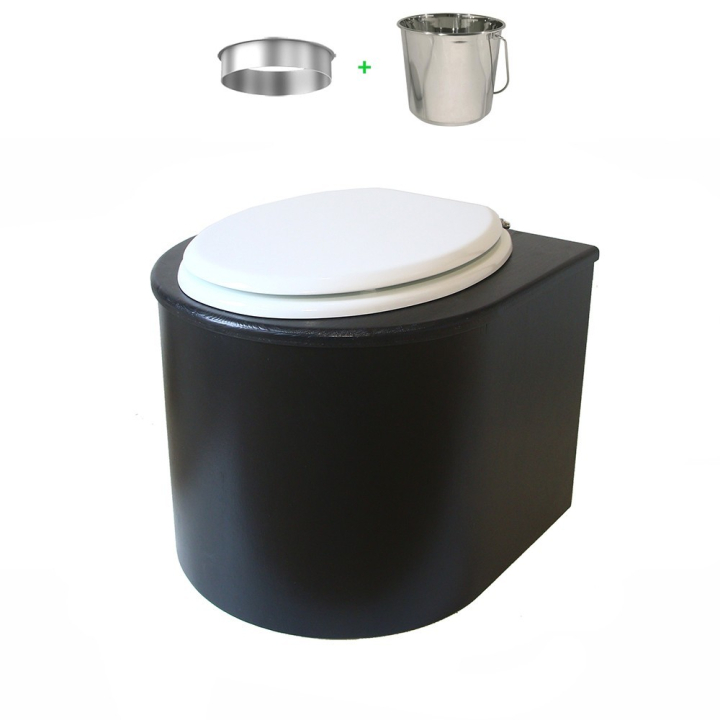 Toilette sèche en bois arrondie noire avec seau inox et bavette inox. Abattant blanc