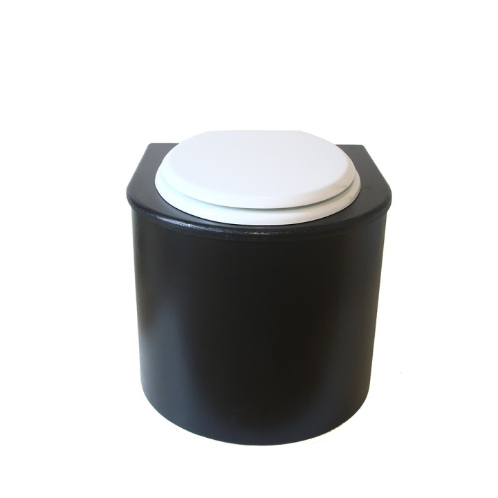  Toilette sèche en bois arrondie noire avec seau inox et bavette inox. Abattant blanc