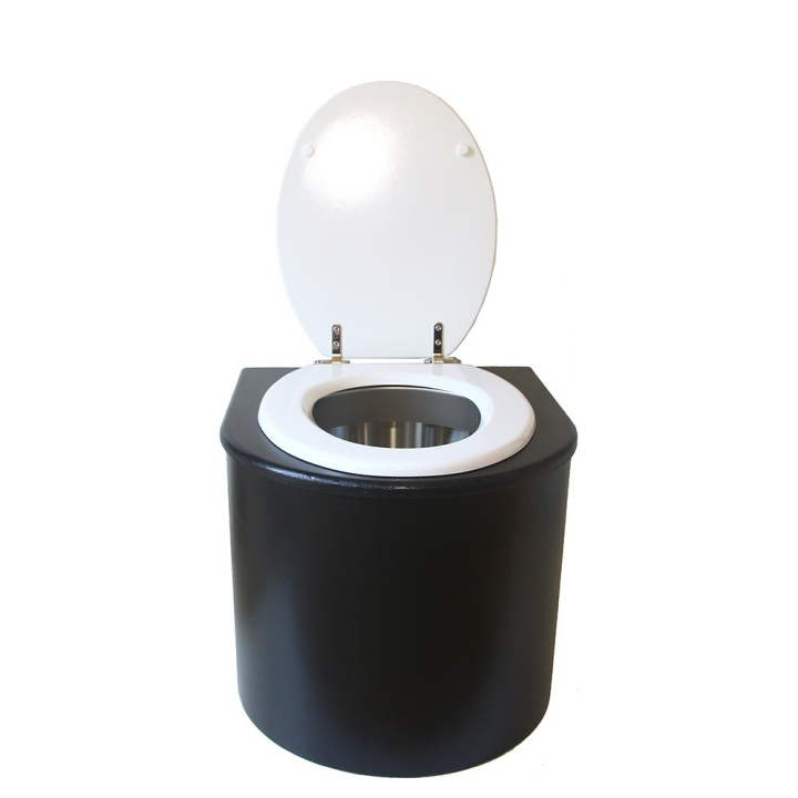  Toilette sèche en bois arrondie noire avec seau inox et bavette inox. Abattant blanc