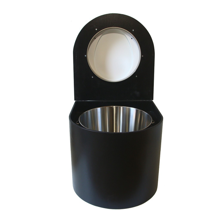  Toilette sèche en bois arrondie noire avec seau inox et bavette inox. Abattant blanc