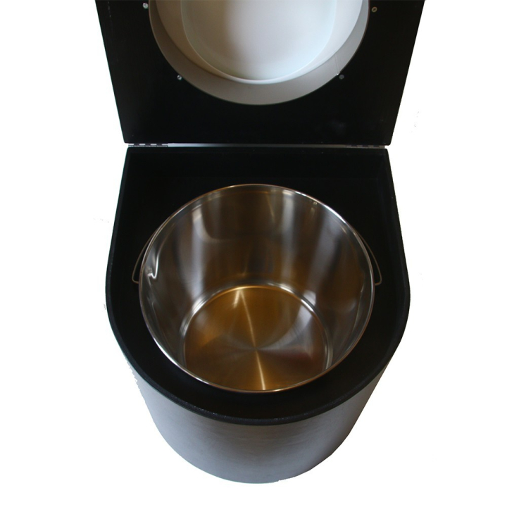  Toilette sèche en bois arrondie noire avec seau inox et bavette inox. Abattant blanc