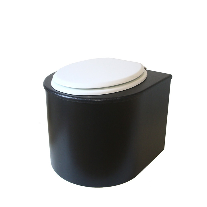  Toilette sèche en bois arrondie noire avec seau inox et bavette inox. Abattant blanc