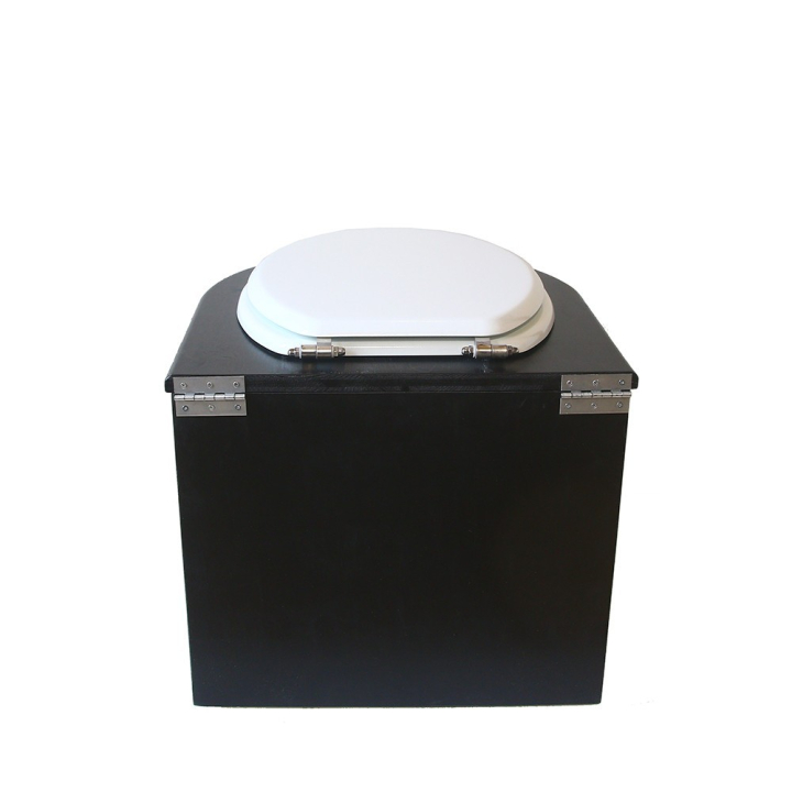  Toilette sèche en bois arrondie noire avec seau inox et bavette inox. Abattant blanc
