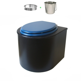 Toilette sèche en bois arrondie noire avec seau inox et bavette inox. Abattant bleu nuit