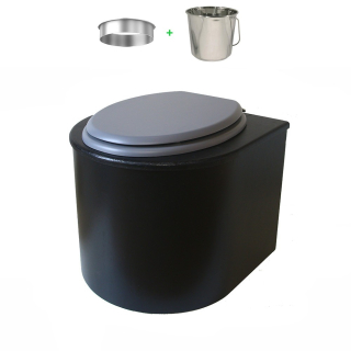 Toilette sèche en bois arrondie noire avec seau inox et bavette inox. Abattant gris