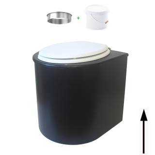 Toilette sèche en bois arrondie noire avec seau plastique 22L et bavette inox. Abattant blanc. Modèle rehaussé