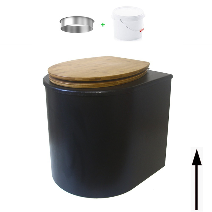 Toilette sèche en bois arrondie noire avec seau plastique 22L et bavette inox. Abattant bambou. Modèle rehaussé