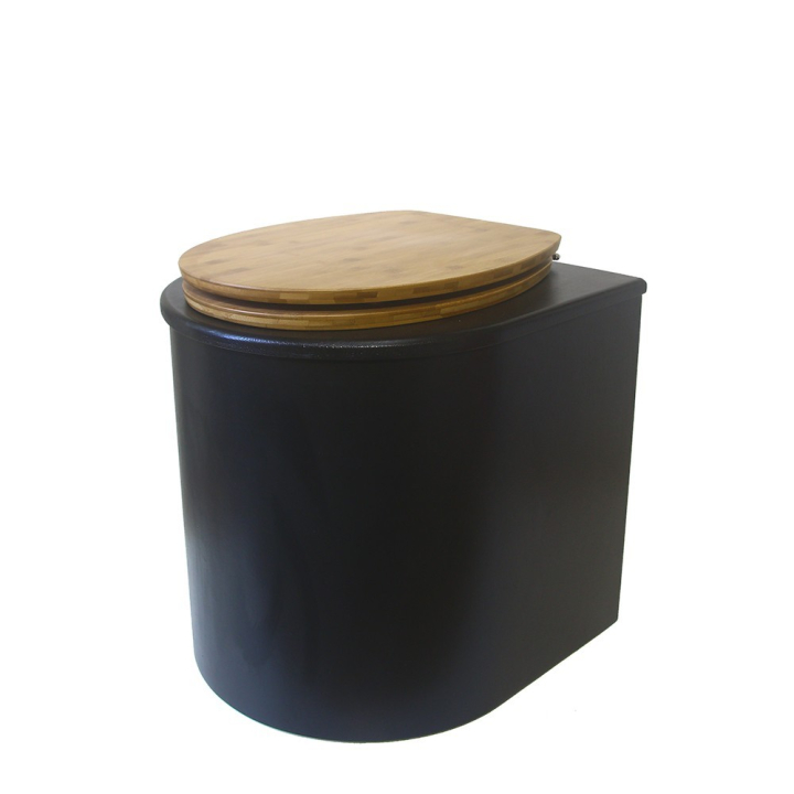  Toilette sèche en bois arrondie noire avec seau plastique 22L et bavette inox. Abattant bambou. Modèle rehaussé