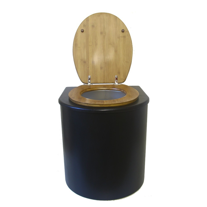  Toilette sèche en bois arrondie noire avec seau plastique 22L et bavette inox. Abattant bambou. Modèle rehaussé