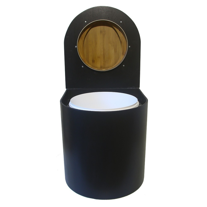  Toilette sèche en bois arrondie noire avec seau plastique 22L et bavette inox. Abattant bambou. Modèle rehaussé