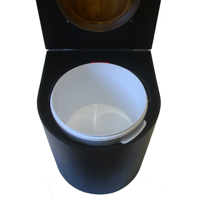 Toilette sèche en bois arrondie noire avec seau plastique 22L et bavette inox. Abattant bambou. Modèle rehaussé