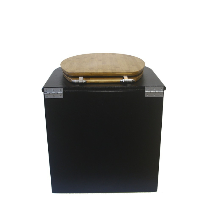  Toilette sèche en bois arrondie noire avec seau plastique 22L et bavette inox. Abattant bambou. Modèle rehaussé