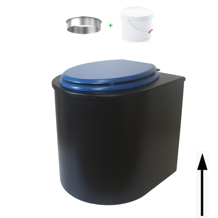 Toilette sèche en bois arrondie noire avec seau plastique 22L et bavette inox. Abattant bleu. Modèle rehaussé