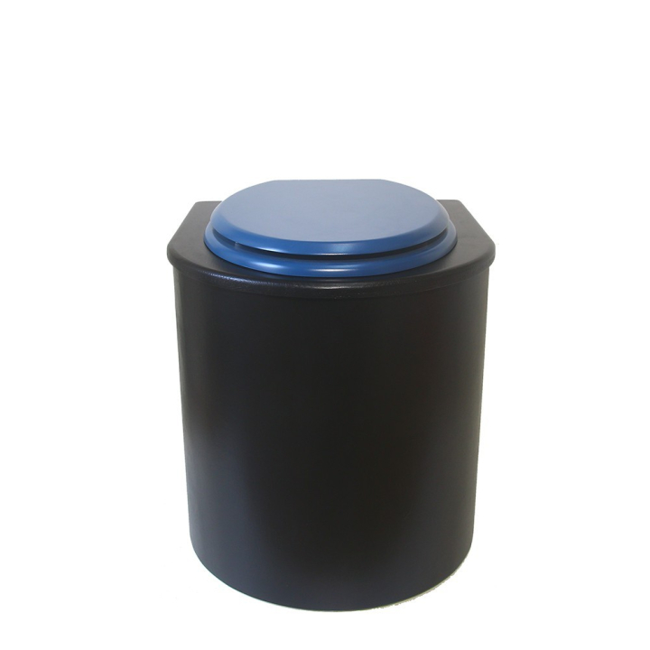  Toilette sèche en bois arrondie noire avec seau plastique 22L et bavette inox. Abattant bleu. Modèle rehaussé