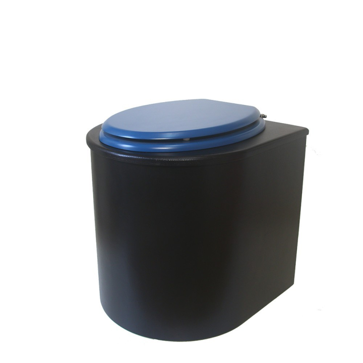  Toilette sèche en bois arrondie noire avec seau plastique 22L et bavette inox. Abattant bleu. Modèle rehaussé
