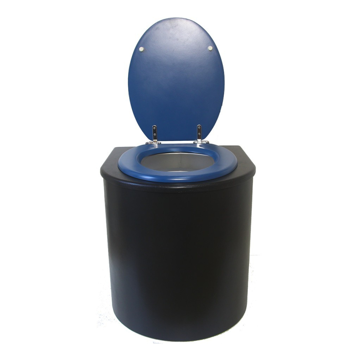  Toilette sèche en bois arrondie noire avec seau plastique 22L et bavette inox. Abattant bleu. Modèle rehaussé