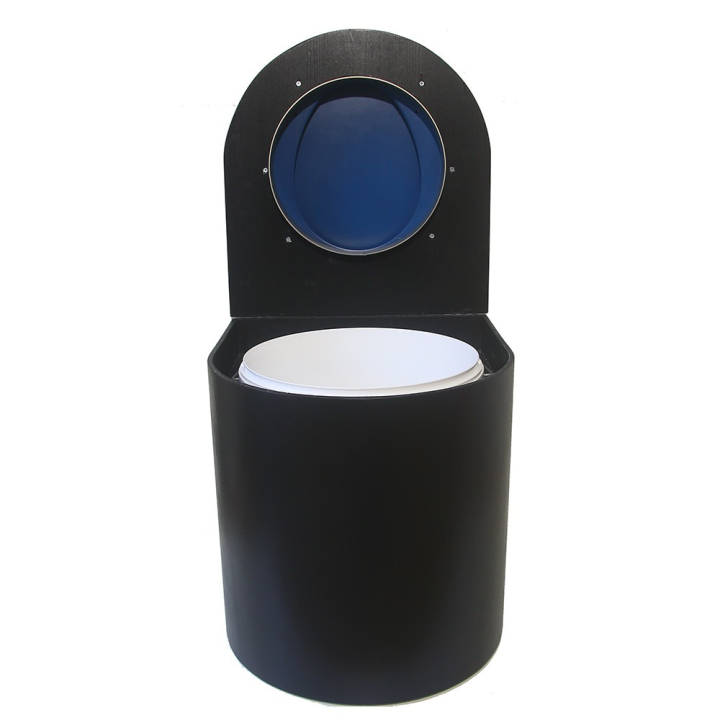  Toilette sèche en bois arrondie noire avec seau plastique 22L et bavette inox. Abattant bleu. Modèle rehaussé
