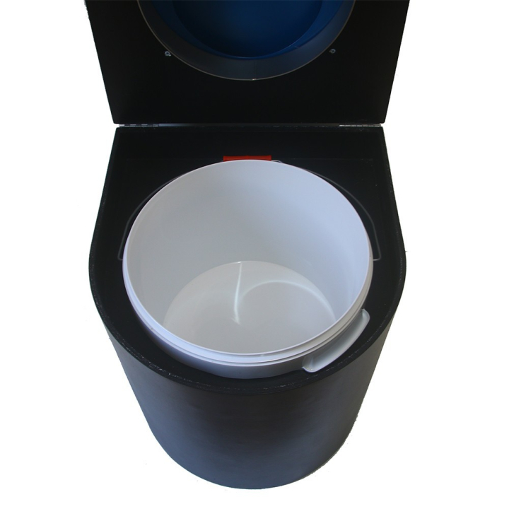  Toilette sèche en bois arrondie noire avec seau plastique 22L et bavette inox. Abattant bleu. Modèle rehaussé