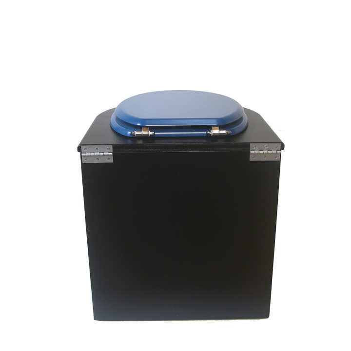  Toilette sèche en bois arrondie noire avec seau plastique 22L et bavette inox. Abattant bleu. Modèle rehaussé