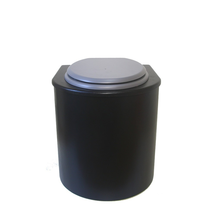  Toilette sèche en bois arrondie noire avec seau plastique 22L et bavette inox. Abattant gris. Modèle rehaussé