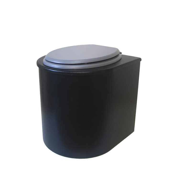 Toilette sèche en bois arrondie noire avec seau plastique 22L et bavette inox. Abattant gris. Modèle rehaussé
