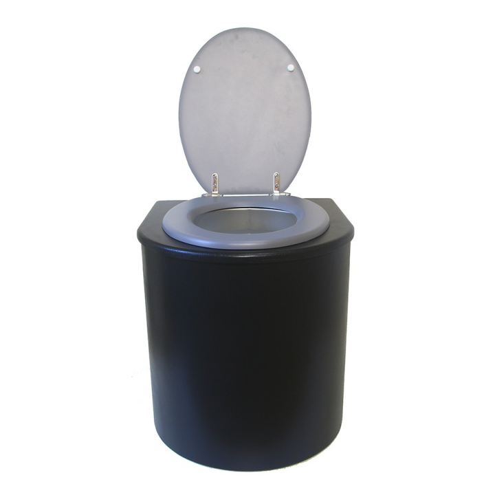  Toilette sèche en bois arrondie noire avec seau plastique 22L et bavette inox. Abattant gris. Modèle rehaussé