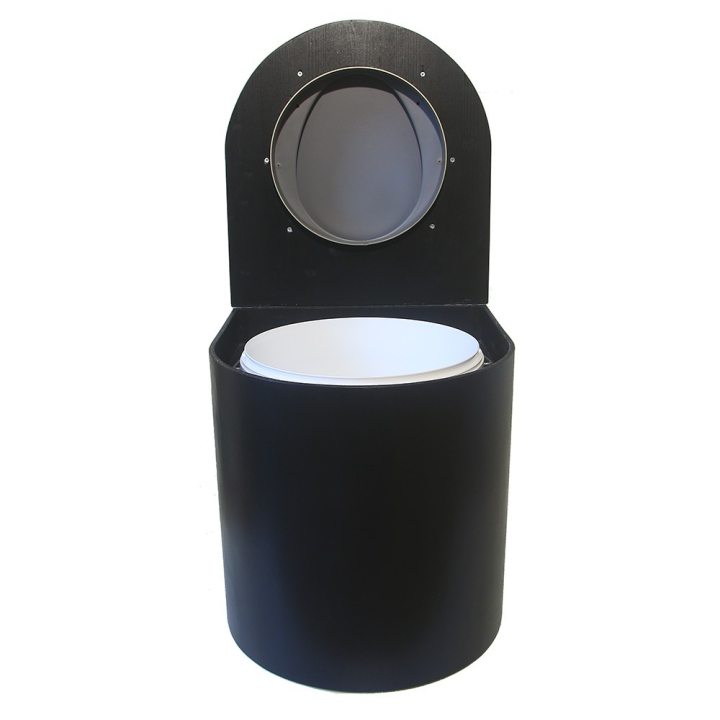 Toilette sèche en bois arrondie noire avec seau plastique 22L et bavette inox. Abattant gris. Modèle rehaussé