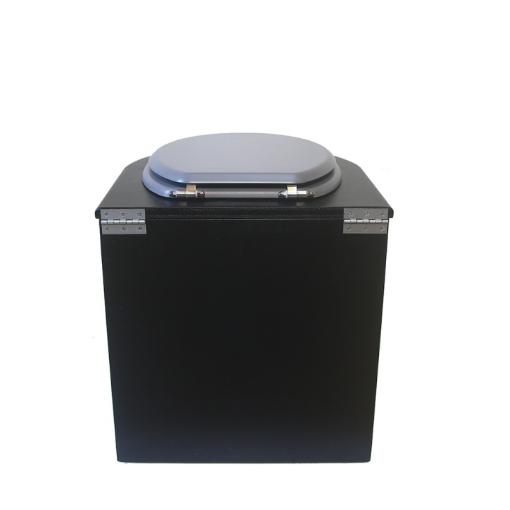  Toilette sèche en bois arrondie noire avec seau plastique 22L et bavette inox. Abattant gris. Modèle rehaussé
