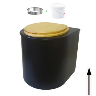 Toilette sèche en bois arrondie noire avec seau plastique 22L et bavette inox. Abattant bois huilé. Modèle rehaussé
