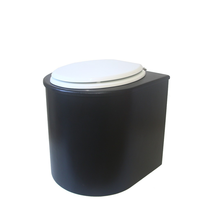  Toilette sèche en bois arrondie noire avec seau inox 22L et bavette inox. Abattant blanc. Modèle rehaussé
