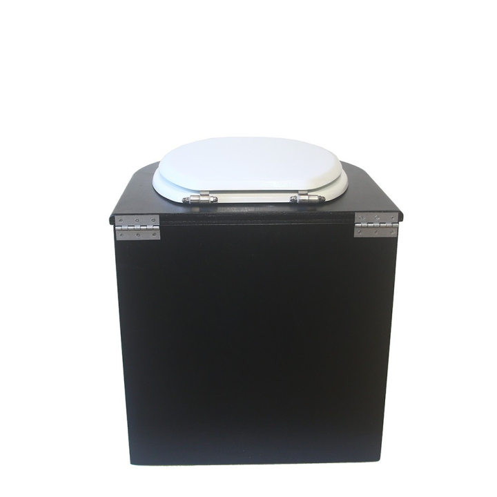  Toilette sèche en bois arrondie noire avec seau inox 22L et bavette inox. Abattant blanc. Modèle rehaussé