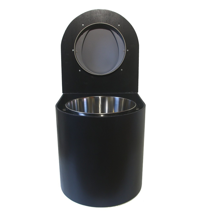  Toilette sèche en bois arrondie noire avec seau inox 22L et bavette inox. Abattant gris. Modèle rehaussé