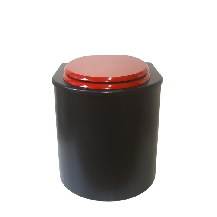  Toilette sèche en bois arrondie noire avec seau inox 22L et bavette inox. Abattant rouge. Modèle rehaussé