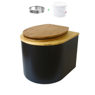 Toilette sèche en bois arrondie noire/huilé avec seau plastique 22L