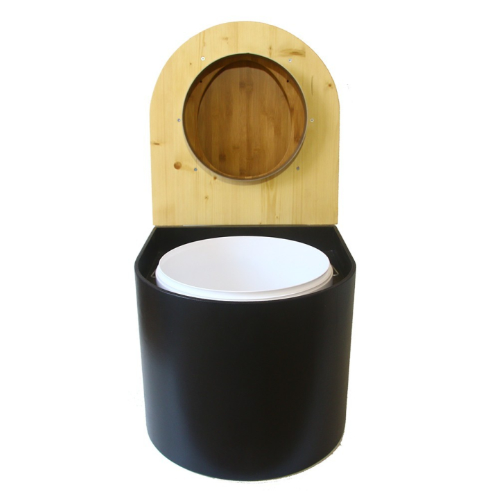  Toilette sèche en bois arrondie noire/huilé avec seau plastique 22L