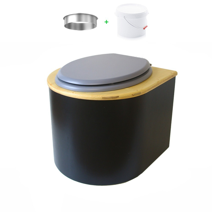 Toilette sèche en bois arrondie noire/huilé avec seau plastique 22L