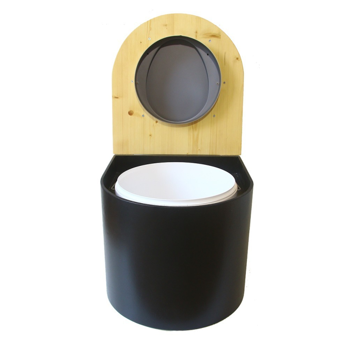  Toilette sèche en bois arrondie noire/huilé avec seau plastique 22L