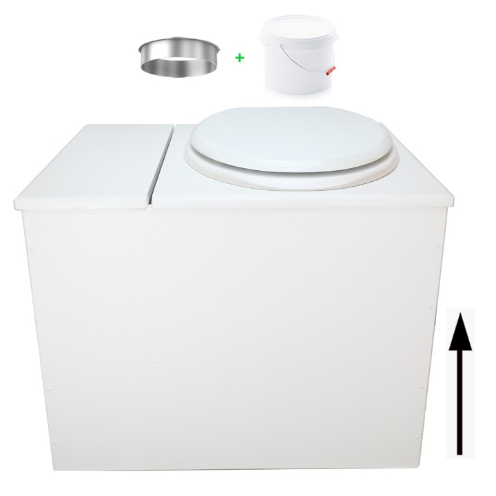 Toilette sèche en bois blanc avec bac intégré. Livré avec bavette inox et seau 22 litres. abattant blanc. modèle rehaussé PMR