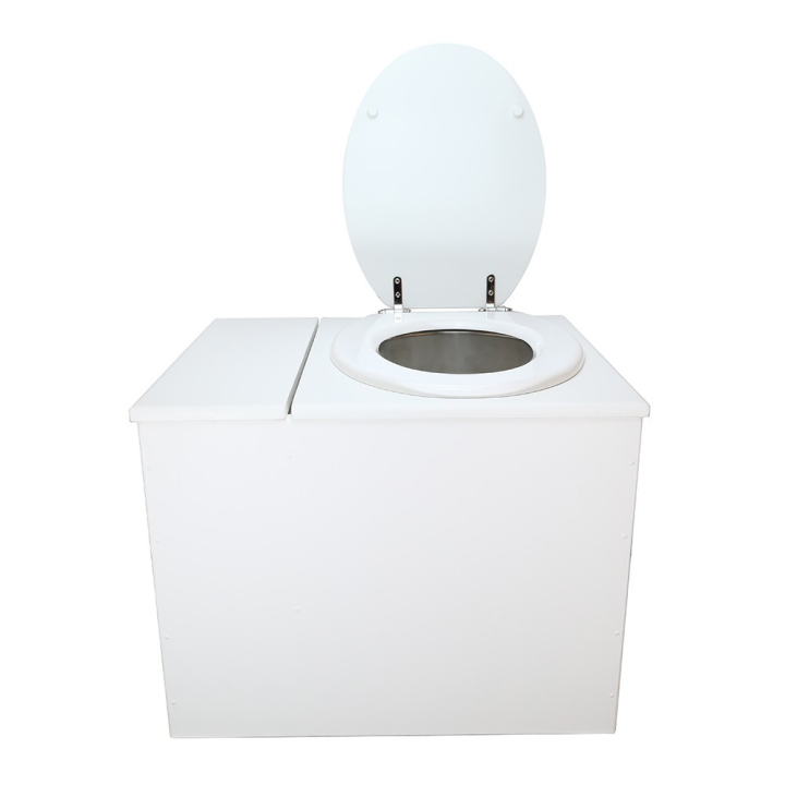  Toilette sèche en bois blanc avec bac intégré. Livré avec bavette inox et seau 22 litres. abattant blanc. modèle rehaussé PMR
